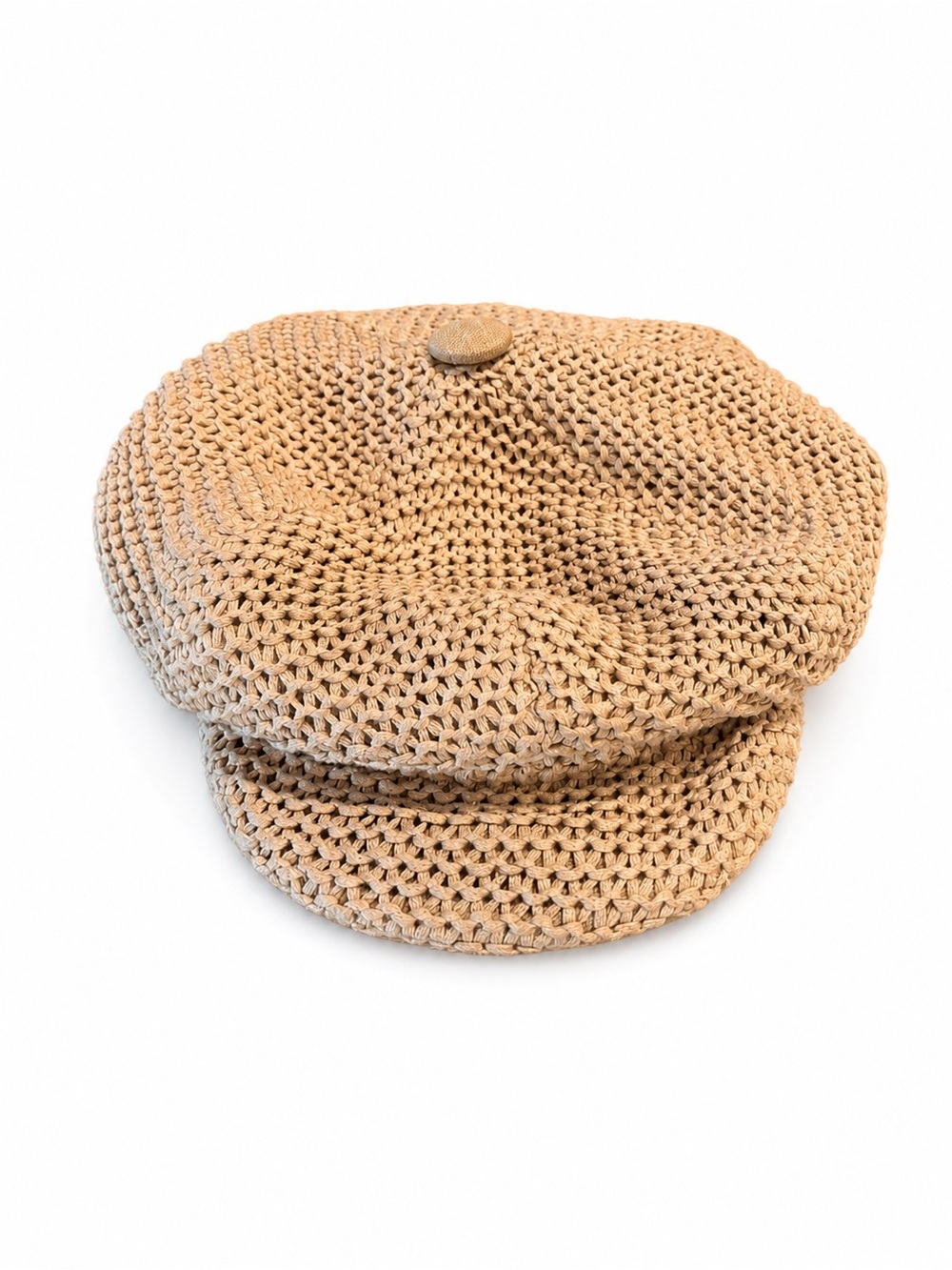 Eugenia Kim Crochet Beret Hat Tan Beige Satin Lined Slouchy Designer Boho - Picture 2 of 5